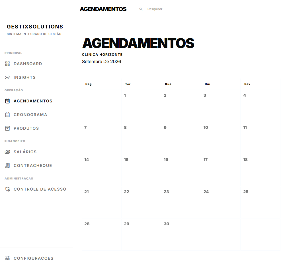 Tela real de Agendamentos no GestiX com calendário mensal e lista de próximos